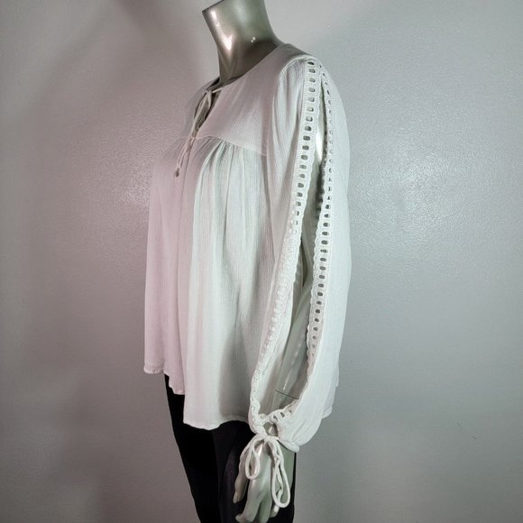 Ann Taylor Loft Peasant Top Size Tie Front Keyhole Neck Slit Sleeve Lined White - Picture 4 of 6